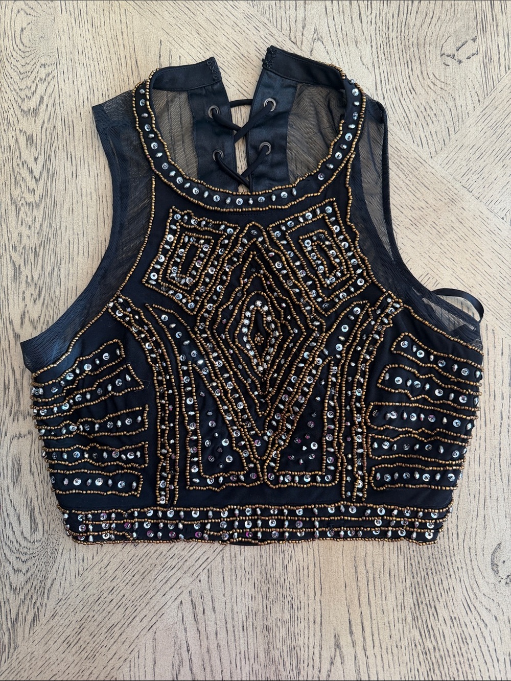 Xscape Black Beaded High-Neck Lace-Up Crop Top